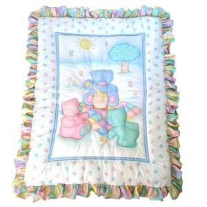 Vintage Carter's Teddy Bear Picnic Baby Quilt Blanket Pastel Ruffle 90s Nursery
